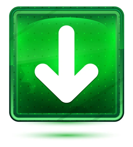 Icono flecha abajo neón luz verde botón cuadrado — Foto de Stock