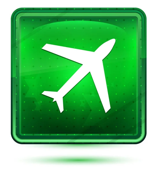 Plane icon neon light green square button — Stock Photo, Image