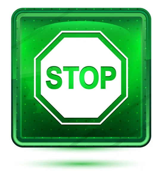 Stop teken pictogram neon licht groene vierkante knop — Stockfoto