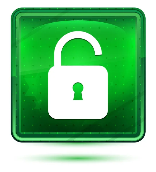 Padlock open icon neon light green square button — Stock Photo, Image