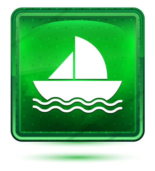 Sailboat icon neon light green square button — Stock Photo, Image