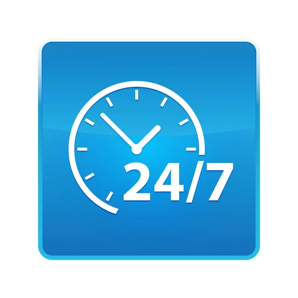 24/7 clock icon shiny blue square button — Stock Photo, Image