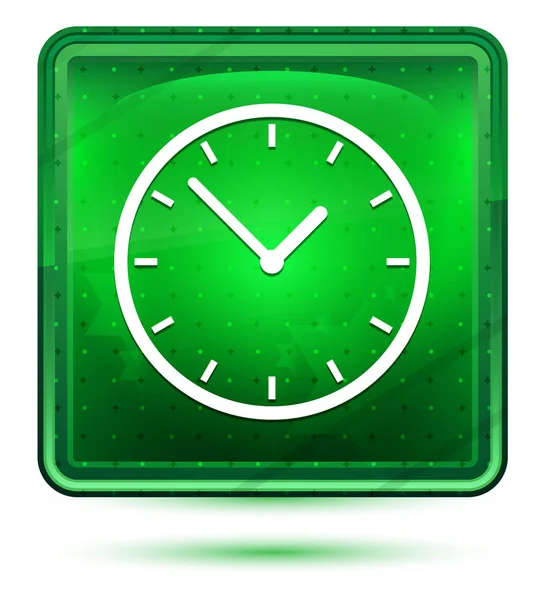 Clock icon neon light green square button — Stock Photo, Image