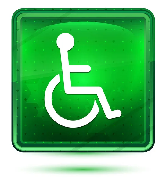 Discapacidad silla de ruedas icono neón luz verde botón cuadrado —  Fotos de Stock