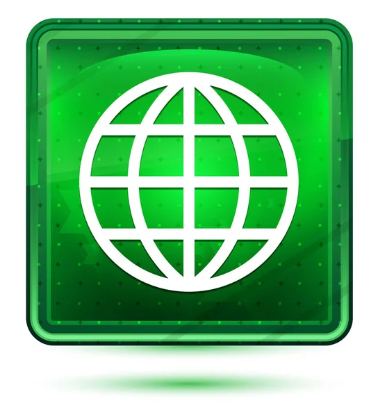 Icône du monde néon lumière verte bouton carré — Photo