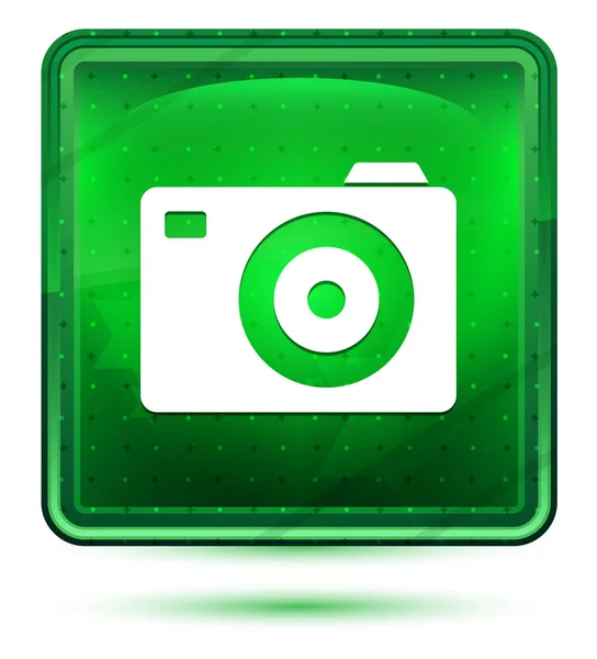 Tombol persegi hijau muda ikon kamera neon — Stok Foto