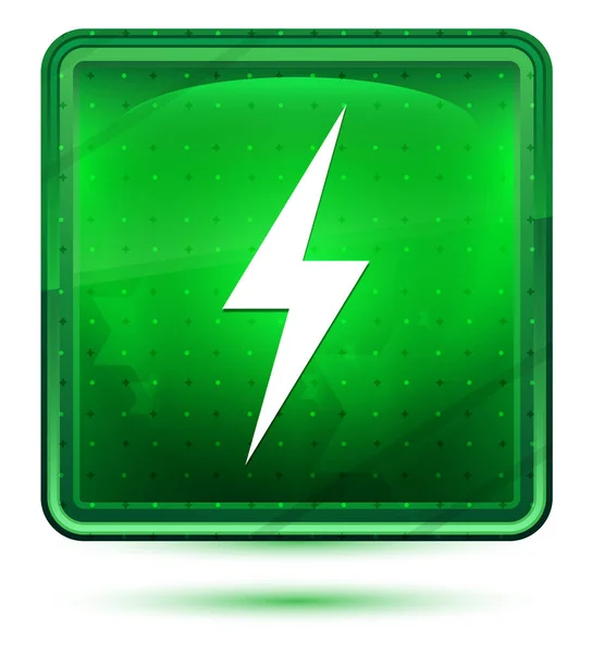Icono de electricidad neón luz verde botón cuadrado — Foto de Stock