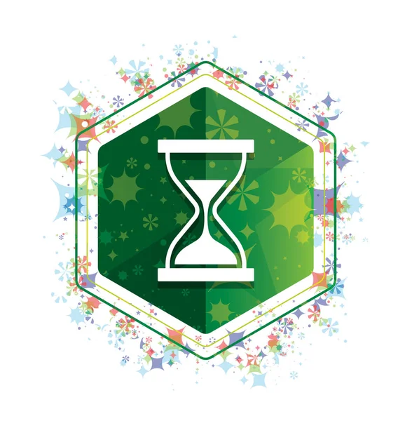 Timer sand hourglass icon floral plants pattern green hexagon bu — Stock Photo, Image