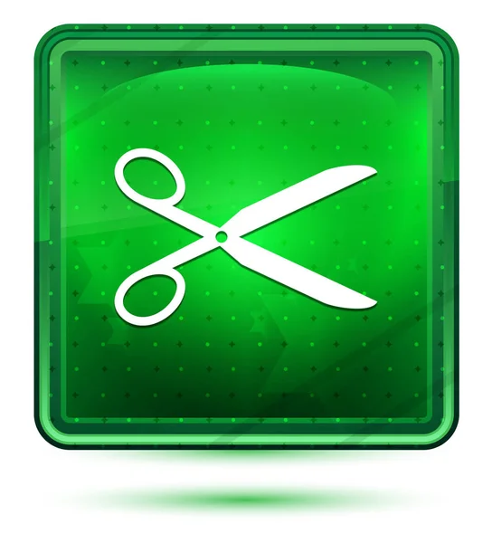 Schere Symbol neon hellgrünen quadratischen Knopf — Stockfoto