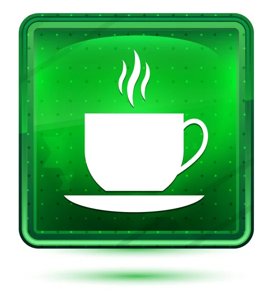 Coffee cup icon neon light green square button