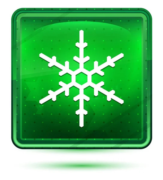 Иконка снежинки неоновая светло-зеленая квадратная кнопка — стоковое фото