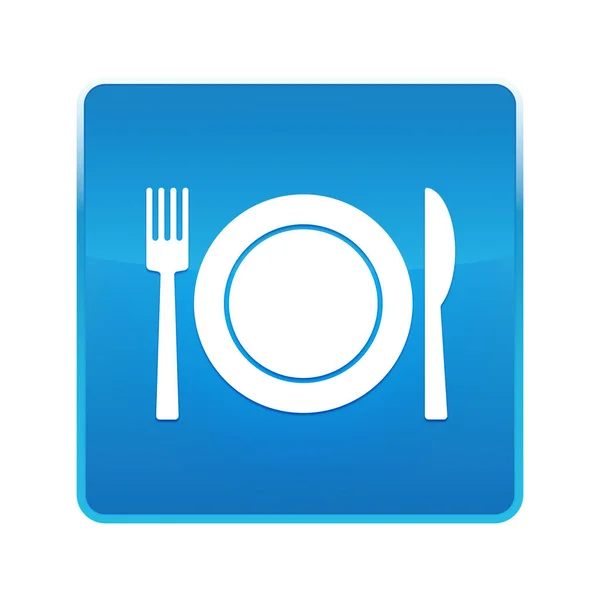 Tányér villával és kés ikonnal fényes kék négyzet gomb — Stock Fotó