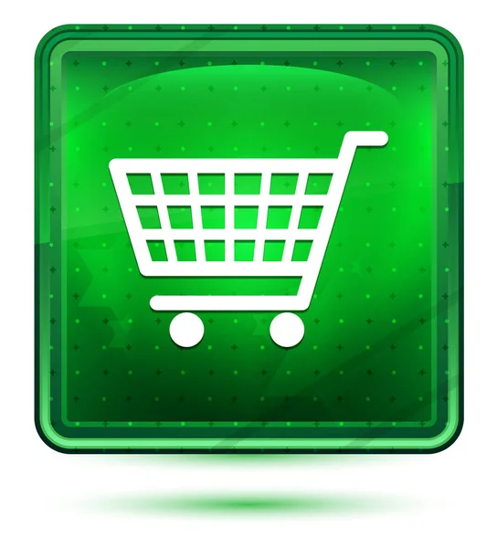 Shopping cart icon neon light green square button — Stock Photo, Image