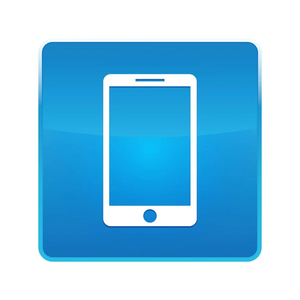 Smartphone pictograma stralucitoare albastru pătrat buton — Fotografie, imagine de stoc