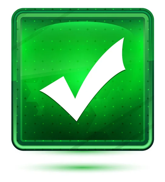 Checkmark ícone néon luz verde botão quadrado — Fotografia de Stock