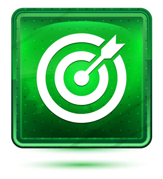Icono de flecha objetivo neón luz verde botón cuadrado — Foto de Stock