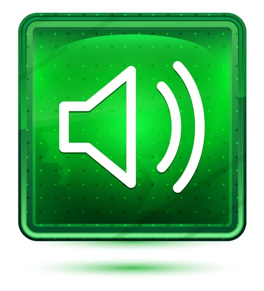 Ikona reproduktoru hlasitosti neonové světle zelené čtvercové tlačítko — Stock fotografie