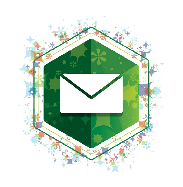 Email icon floral plants pattern green hexagon button