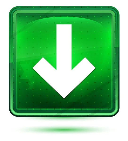 Icono flecha abajo neón luz verde botón cuadrado — Foto de Stock