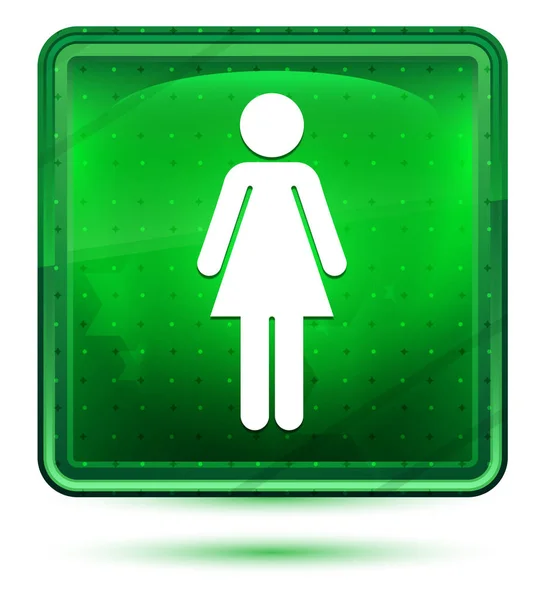 Woman icon neon light green square button — Stock Photo, Image