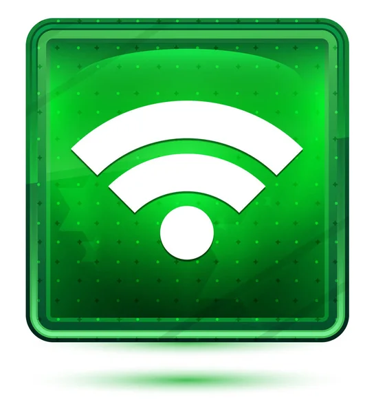 Wifi icon neon hellgrüne quadratische Taste — Stockfoto
