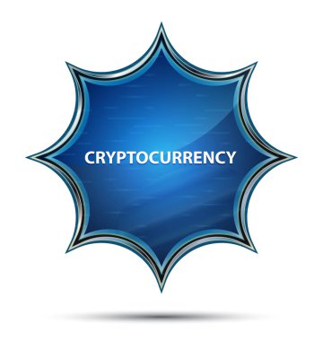 Cryptocurrency büyülü camsı güneş patlaması mavi düğme