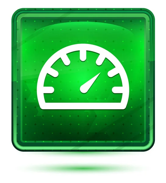 Indicador de velocidad icono neón luz verde botón cuadrado — Foto de Stock