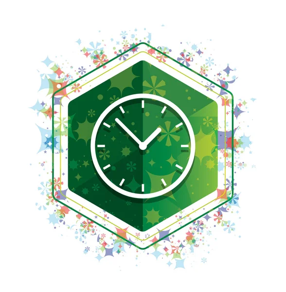 Clock icon floral plants pattern green hexagon button