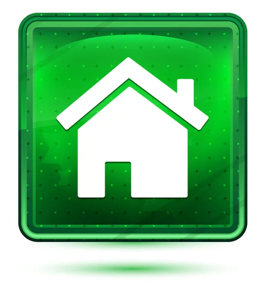 Home icona al neon verde chiaro pulsante quadrato — Foto Stock