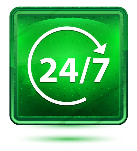 24/7 rotate arrow icon neon light green square button — Stock Photo, Image