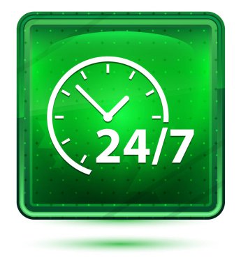 7/24 saat simgesi neon açık yeşil kare düğme