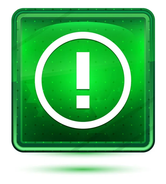 Ünlem işareti simgesi neon açık yeşil kare düğmesi — Stok fotoğraf