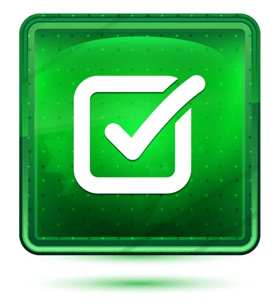 Caixa de seleção ícone de néon luz verde botão quadrado — Fotografia de Stock