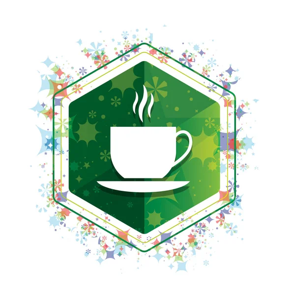 Кофейная чашка иконка цветочные растения рисунок зеленый шестиугольник кнопки — стоковое фото
