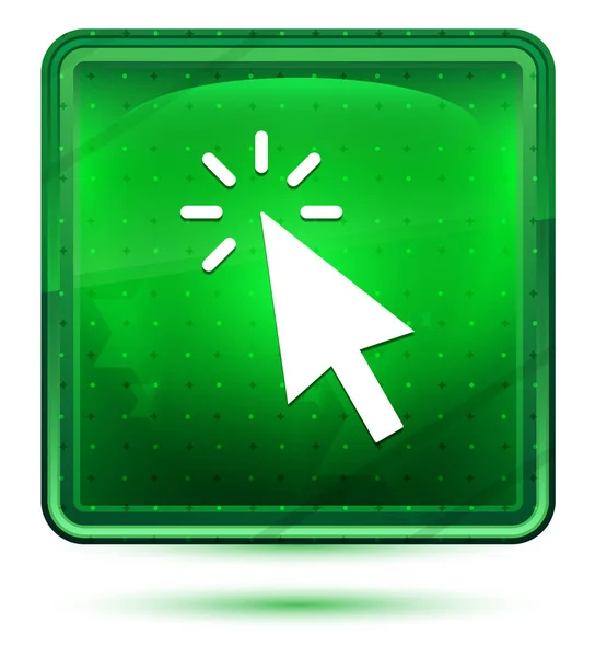 Cursor clique ícone néon luz verde botão quadrado — Fotografia de Stock