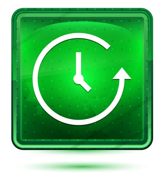 Ícone de história néon luz verde botão quadrado — Fotografia de Stock