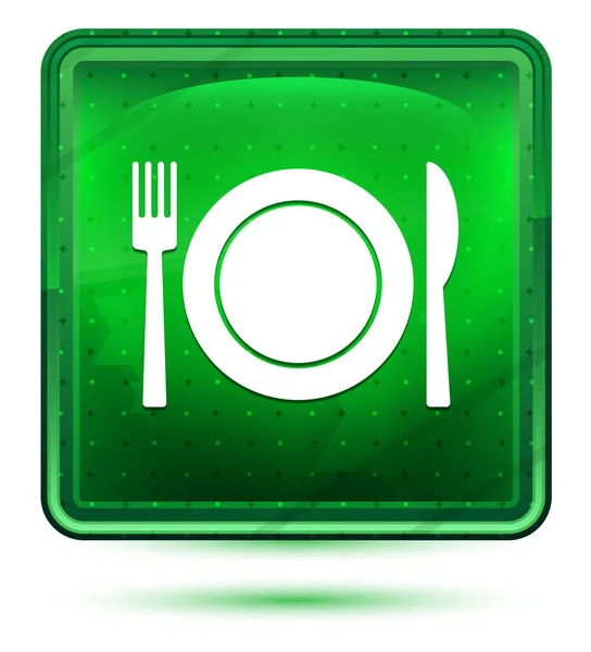 Piastra con forchetta e icona del coltello pulsante quadrato verde chiaro al neon — Foto Stock