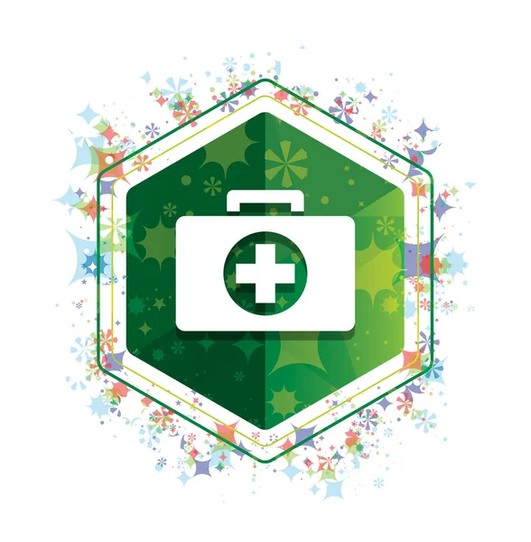 First aid kit icon floral plants pattern green hexagon button — Stock Photo, Image