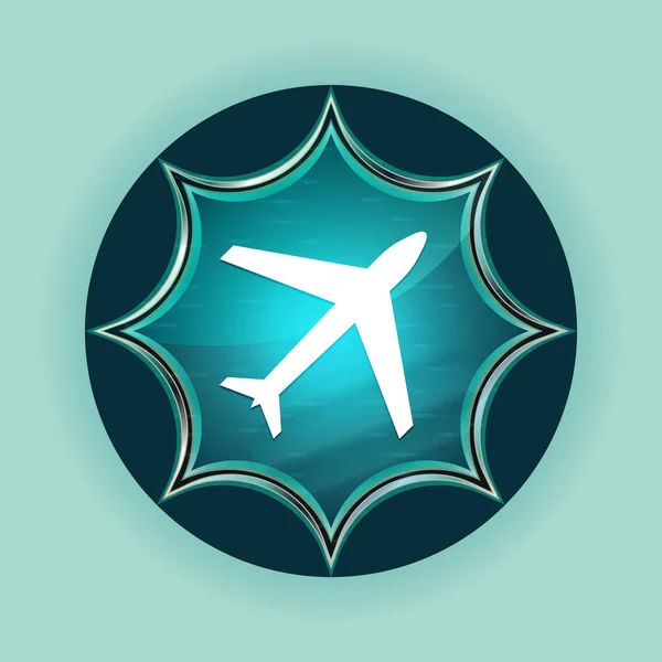 비행기 아이콘 마법의 유리 선 버스트 블루 버튼 하늘 블루 백그라우 — 스톡 사진