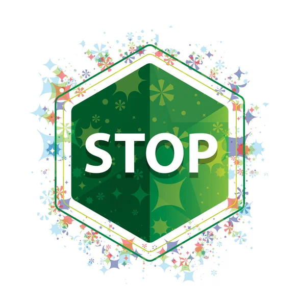 Stop floral plants pattern green hexagon button — Stock Photo, Image