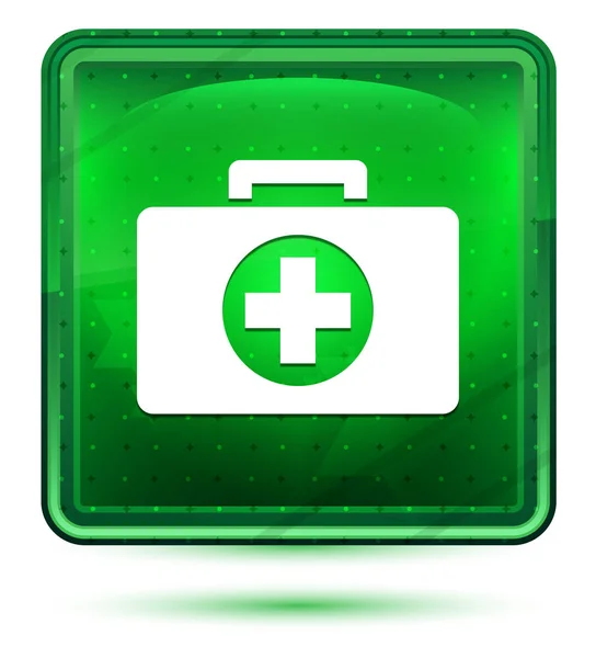 First aid kit icon neon light green square button — Stock Photo, Image