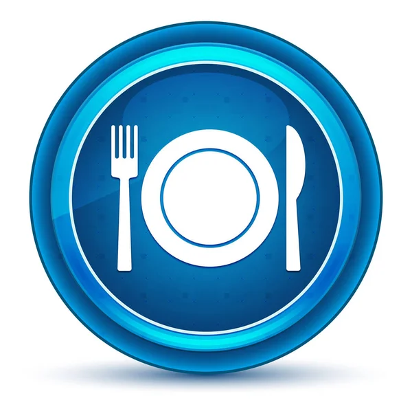 Placa con tenedor y cuchillo icono globo ocular botón redondo azul — Foto de Stock