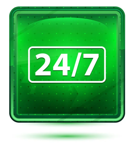 24/7 icon neon light green square button — Stock Photo, Image