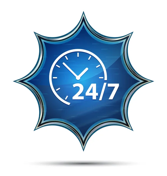 24 / 7 ícone do relógio mágico sunburst vítreo botão azul — Fotografia de Stock