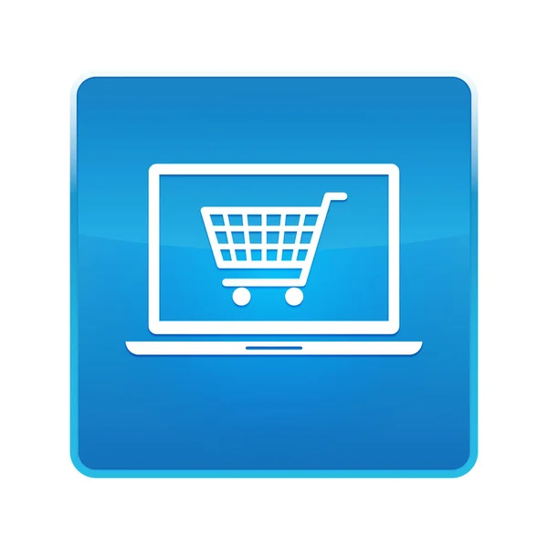 Online shopping cart laptop icon shiny blue square button — Stock Photo, Image