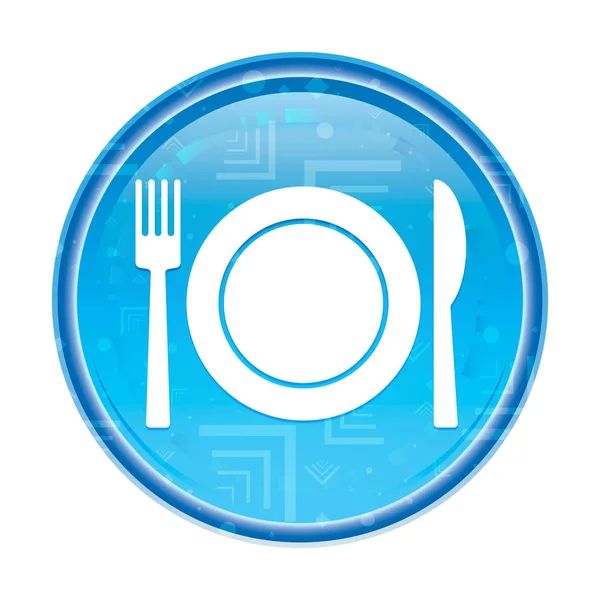 Piring dengan garpu dan ikon pisau tombol bundar biru floral — Stok Foto