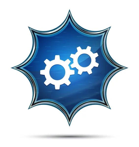 Configurações ícone de processo mágico sunburst vítreo botão azul — Fotografia de Stock
