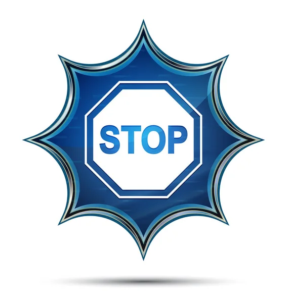 Ícone de sinal de parada botão azul sunburst vítreo mágico — Fotografia de Stock