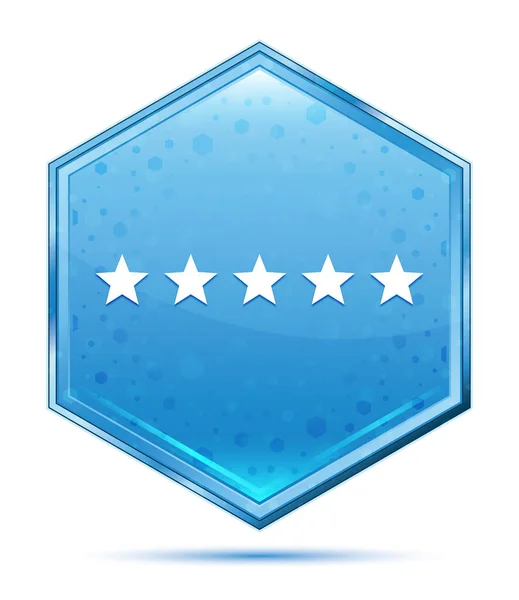 Cinco estrellas icono de calificación botón hexágono azul cristal Fotos de stock