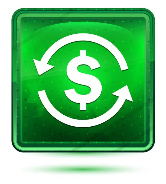 両替ドル記号アイコンネオンライトグリーンの正方形ボタン — ストック写真